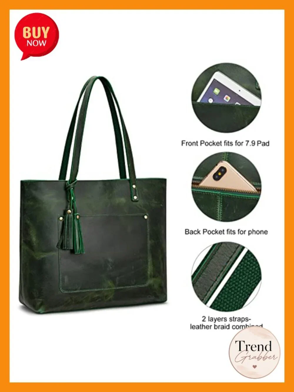 Vintage Leather Tote Bag with Tassel - Large Capacity Work Tote